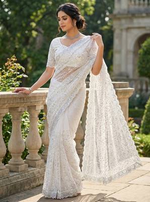 White Color  Beads Work with Cut work border Net Saree 3
