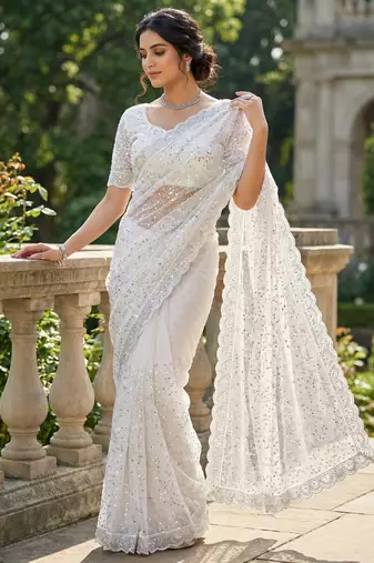 White Color  Beads Work with Cut work border Net Saree