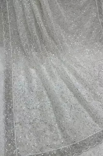 White Color  Beads Work with Cut work border Net Saree