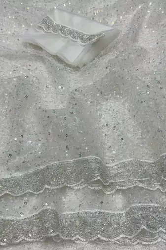 White Color  Beads Work with Cut work border Net Saree