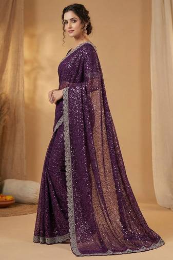 Wine Color  Beads Work with Cut work border Net Saree