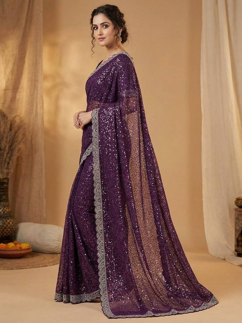 Wine Color  Beads Work with Cut work border Net Saree
