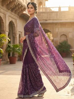 Wine Color  Beads Work with Cut work border Net Saree 2