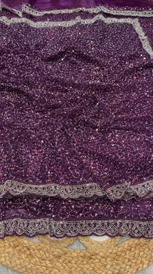 Wine Color  Beads Work with Cut work border Net Saree 3
