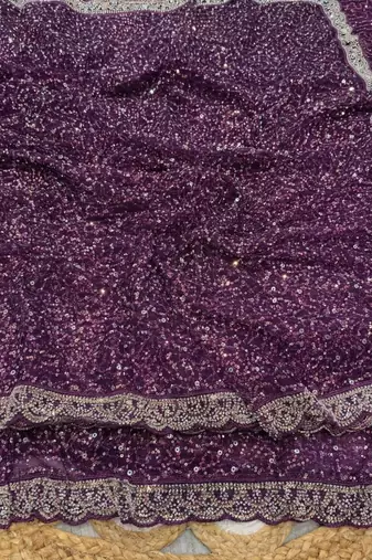 Wine Color  Beads Work with Cut work border Net Saree