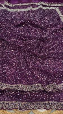 Wine Color  Beads Work with Cut work border Net Saree 4