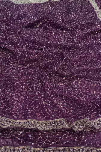 Wine Color  Beads Work with Cut work border Net Saree