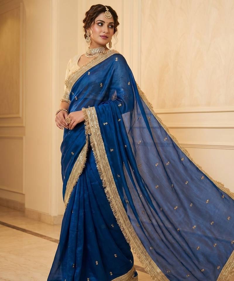 BlueColor Sequence  butti  Work Satin Saree