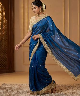 BlueColor Sequence  butti  Work Satin Saree 2
