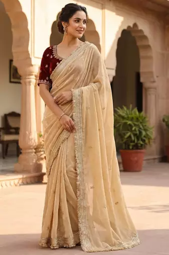 Cream Color Sequence  butti  Work Satin Saree