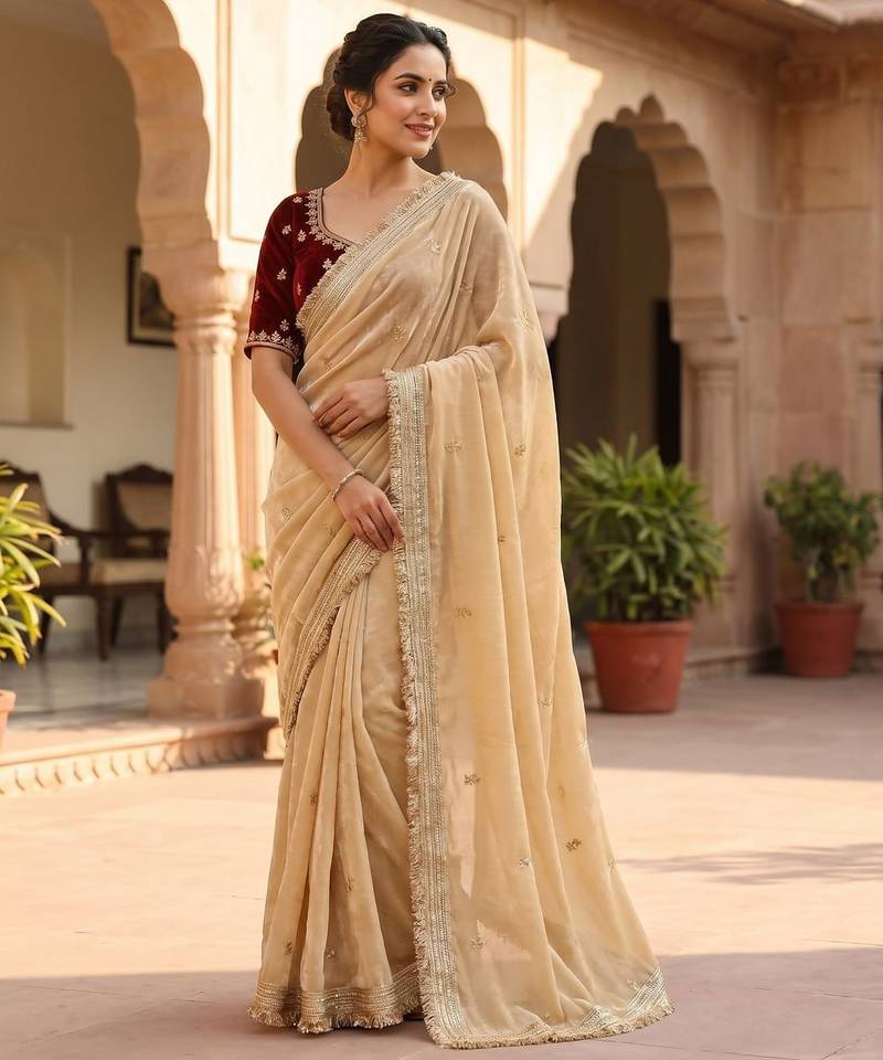 Cream Color Sequence  butti  Work Satin Saree