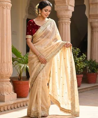 Cream Color Sequence  butti  Work Satin Saree 2