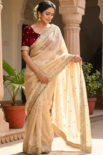 Cream Color Sequence  butti  Work Satin Saree