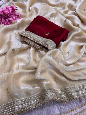 Cream Color Sequence  butti  Work Satin Saree 3