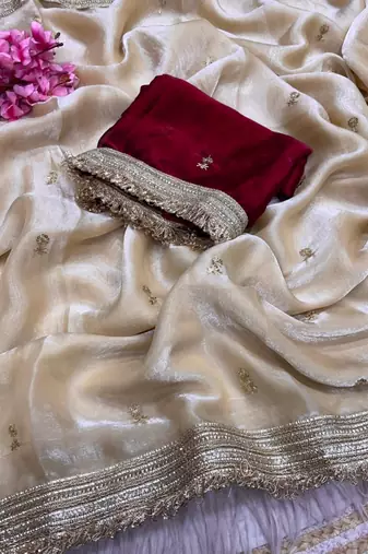 Cream Color Sequence  butti  Work Satin Saree