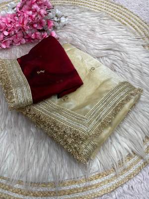 Cream Color Sequence  butti  Work Satin Saree 4