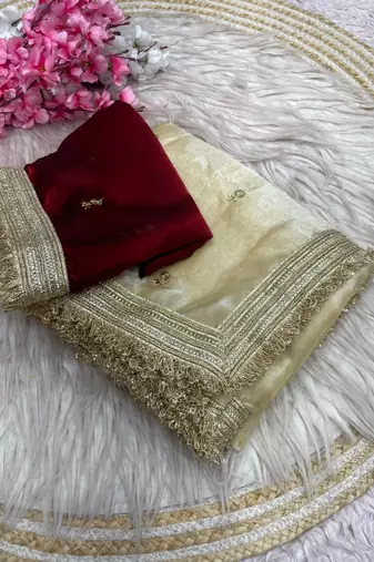 Cream Color Sequence  butti  Work Satin Saree