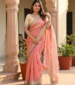 Light Pink Sequin Butti Work Satin Saree