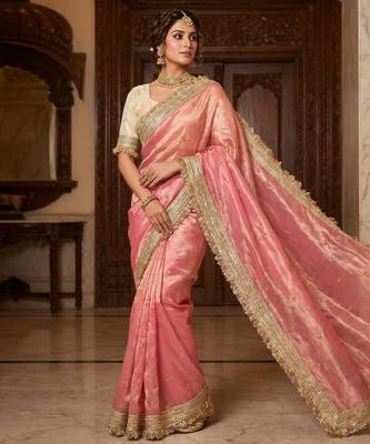 Light Pink Color Sequence  butti  Work Satin Saree 2