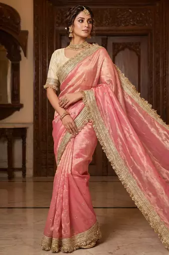 Light Pink Color Sequence  butti  Work Satin Saree