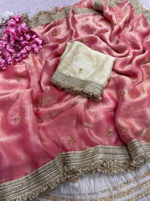 Light Pink Color Sequence  butti  Work Satin Saree 3