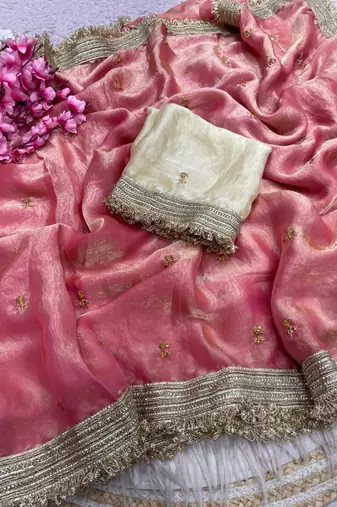 Light Pink Color Sequence  butti  Work Satin Saree
