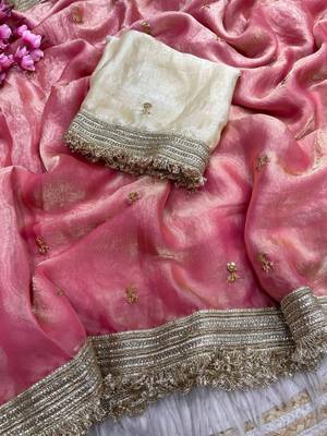 Light Pink Color Sequence  butti  Work Satin Saree 4