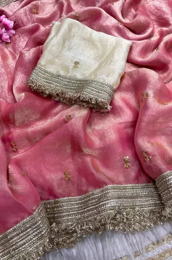 Light Pink Color Sequence  butti  Work Satin Saree