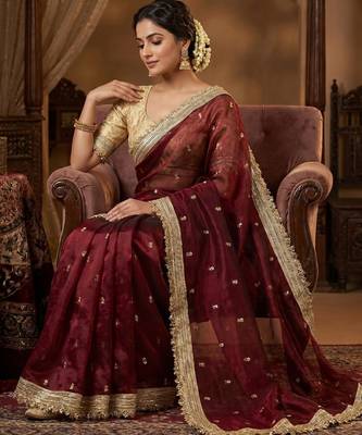 Maroon Color Sequence  butti  Work Satin Saree 1