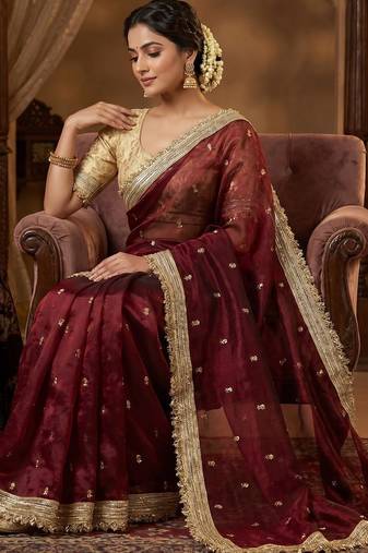 Maroon Color Sequence  butti  Work Satin Saree