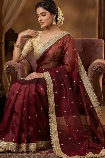 Maroon Color Sequence  butti  Work Satin Saree