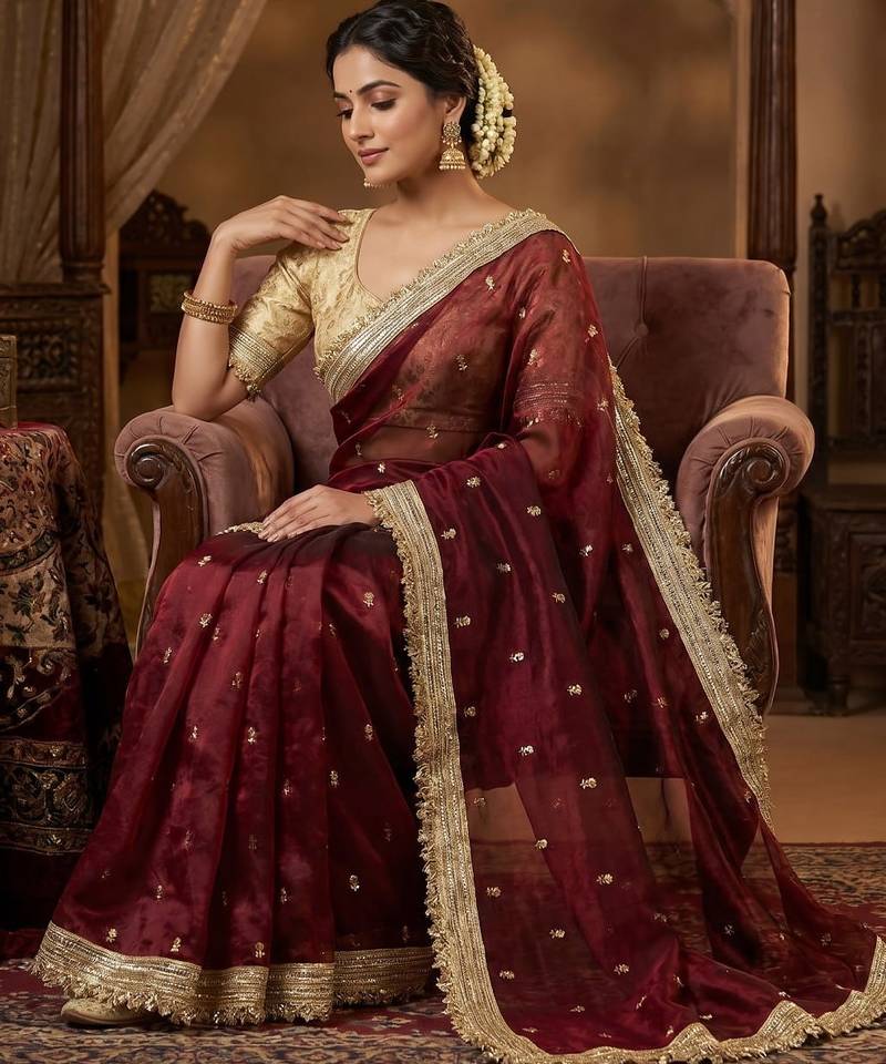Maroon Color Sequence  butti  Work Satin Saree