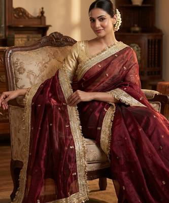 Maroon Color Sequence  butti  Work Satin Saree 2