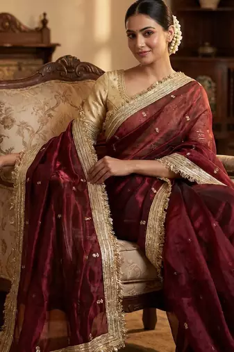 Maroon Color Sequence  butti  Work Satin Saree