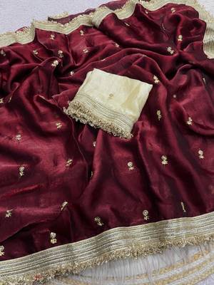 Maroon Color Sequence  butti  Work Satin Saree 3