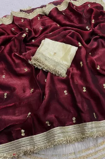 Maroon Color Sequence  butti  Work Satin Saree