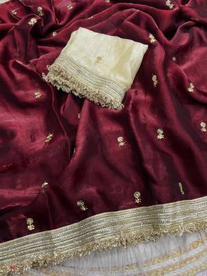 Maroon Color Sequence  butti  Work Satin Saree 4