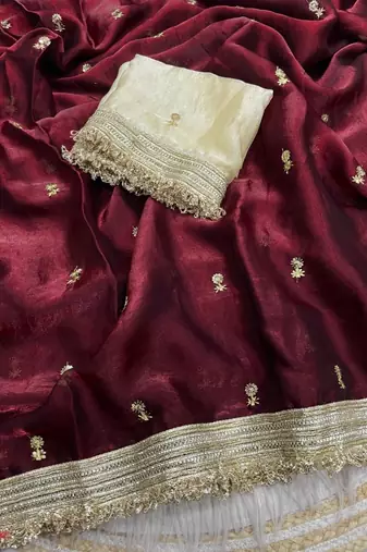 Maroon Color Sequence  butti  Work Satin Saree