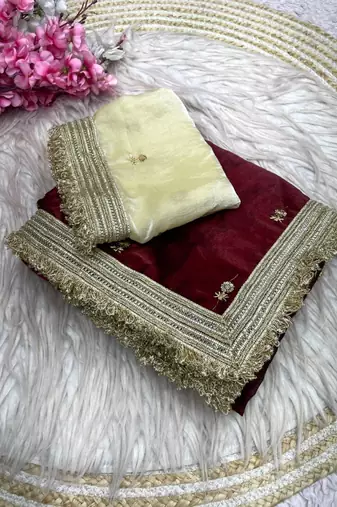 Maroon Color Sequence  butti  Work Satin Saree