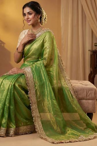 Parrot Green Color Sequence  butti  Work Satin Saree