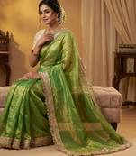 Parrot Green Sequin Butti Work Satin Saree
