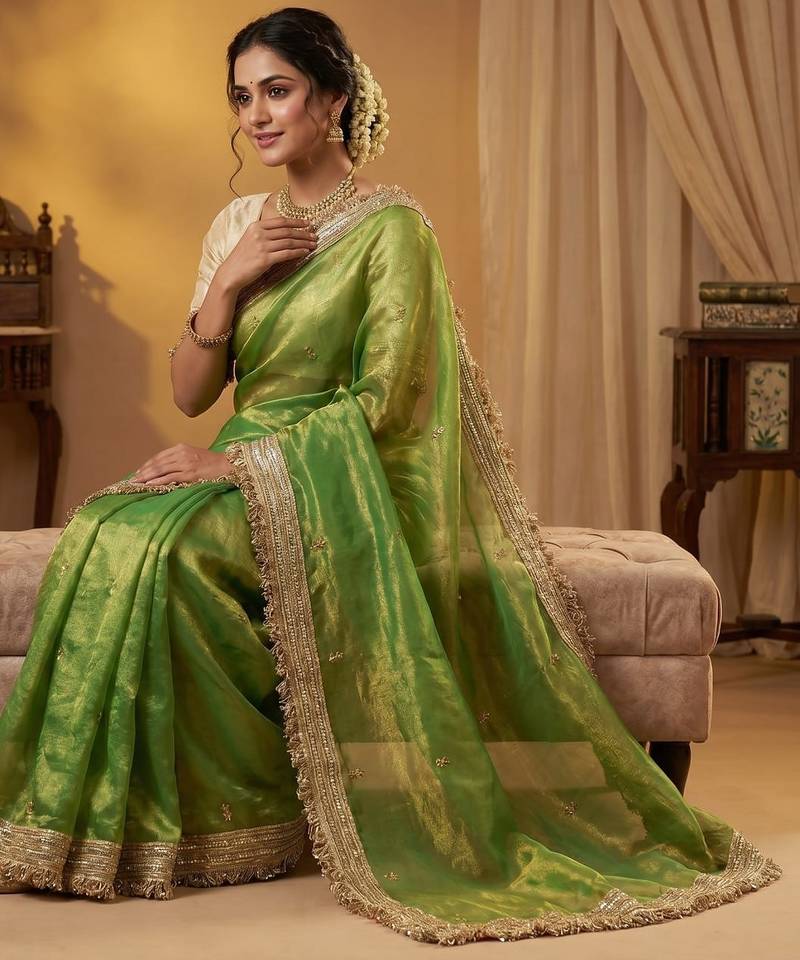 Parrot Green Color Sequence  butti  Work Satin Saree