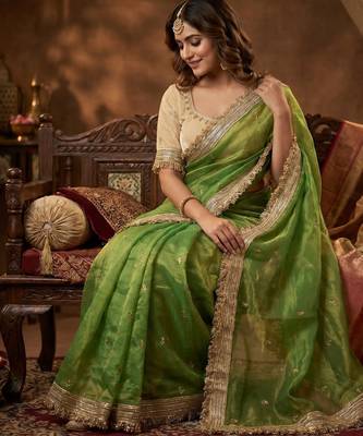 Parrot Green Color Sequence  butti  Work Satin Saree 2
