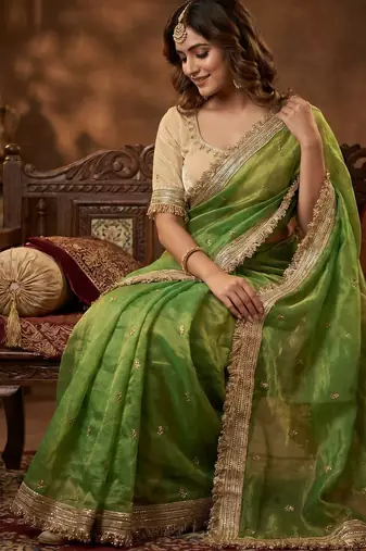 Parrot Green Color Sequence  butti  Work Satin Saree