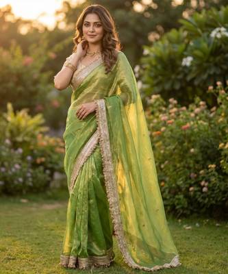 Parrot Green Color Sequence  butti  Work Satin Saree 3