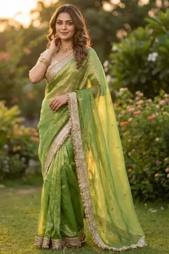 Parrot Green Color Sequence  butti  Work Satin Saree