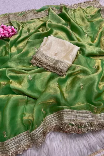 Parrot Green Color Sequence  butti  Work Satin Saree