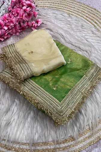 Parrot Green Color Sequence  butti  Work Satin Saree