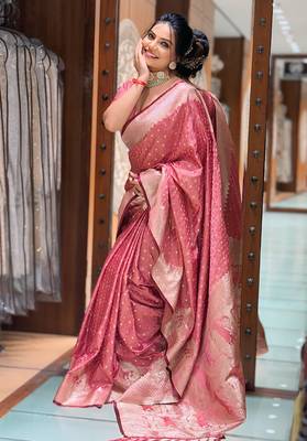 pink soft banarasi antique silk weaving saree with blouse piece 2