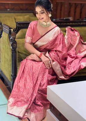 pink soft banarasi antique silk weaving saree with blouse piece 3